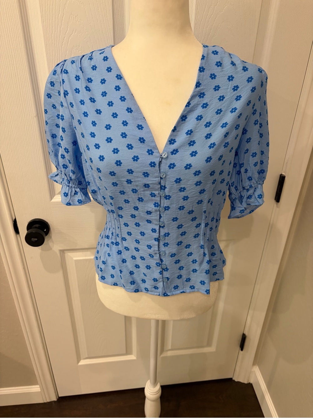 Blue Floral V-Neck Button-Front Blouse - NWOT